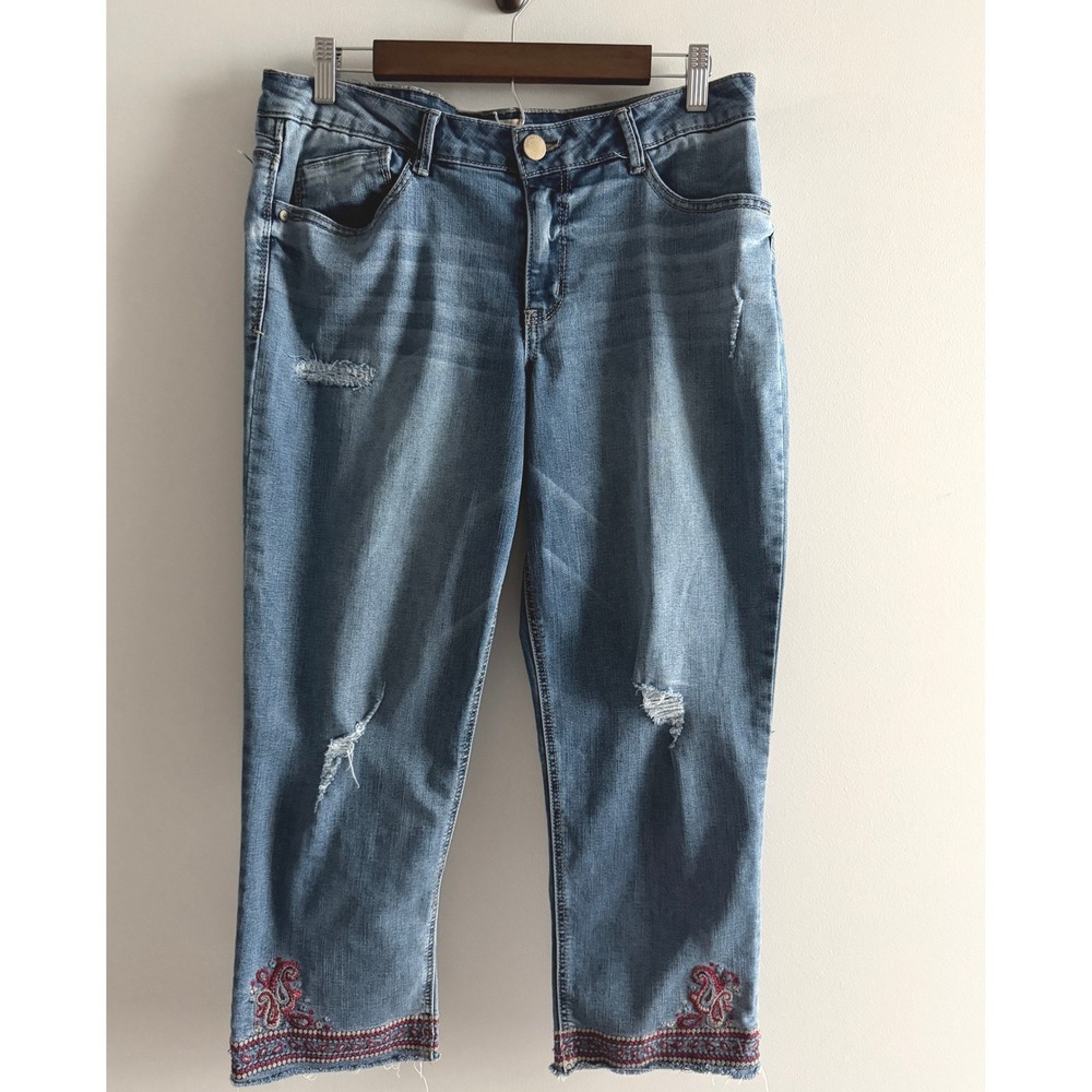 Democracy Slim Straight Flood Embroidered Distressed Crop Jeans Blue 12